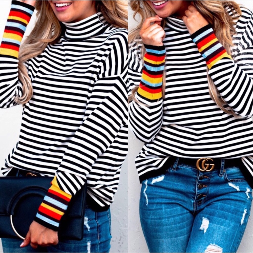 LAST ONE! Black & White Striped Turtleneck Sweater - Picture 1 of 8